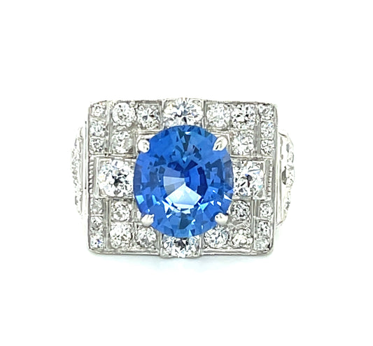 Art Deco 4.22ct Ceylon Sapphire (No Cert) 1.40ct Diamonds Platinum Ring (Circa 1920s)