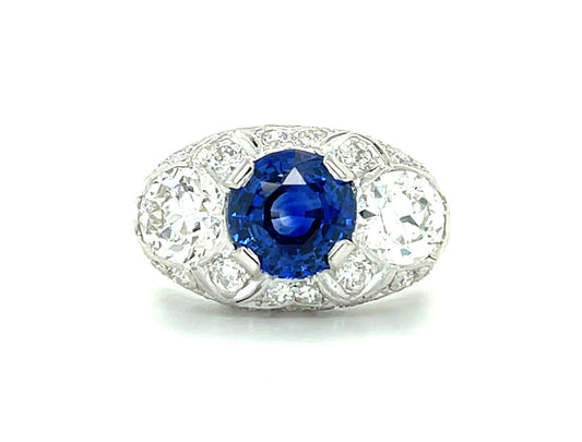 Art Deco 2.31ct Sapphire 1.80ct Old European Cut Diamonds (Two Stones G-H Color VS2 Clarity) .70ct SD Platinum Antique Ring (Circa 1920s)