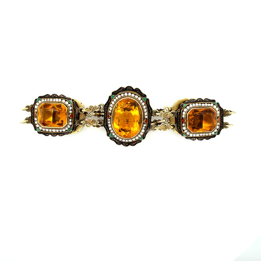 50ct Madeira Citrine, Seed Pearl and Enamel 14KY Art Deco Antique Bracelet (Circa 1920s) 7.25in 27.10gr