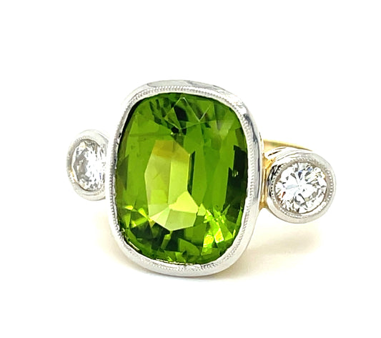 9.58ct Burma Peridot .63ct Diamond Platinum over 14KY Ring 10.10gr 6.50 Size