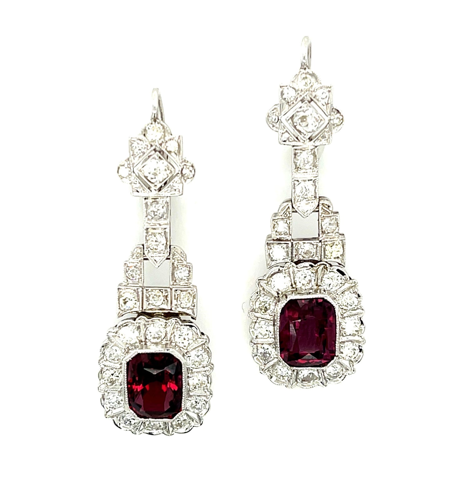 5.66ct Spinel 2ct Diamond 18KW Art Deco Vintage Drop Earrings (Circa 1930s) 8gr