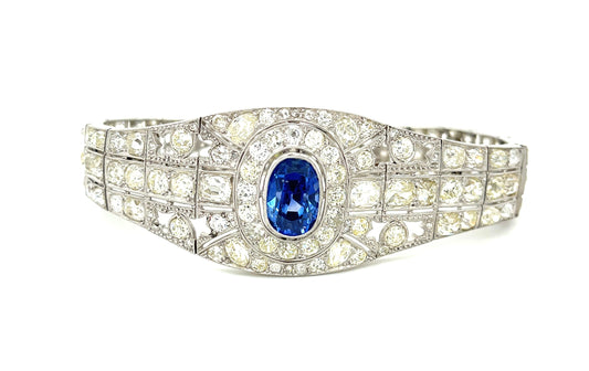 10ct GIA No Heat Ceylon Sapphire 22ct Diamond Art Deco Antique Bracelet (Circa 1920s) 45.9gr 7.75in