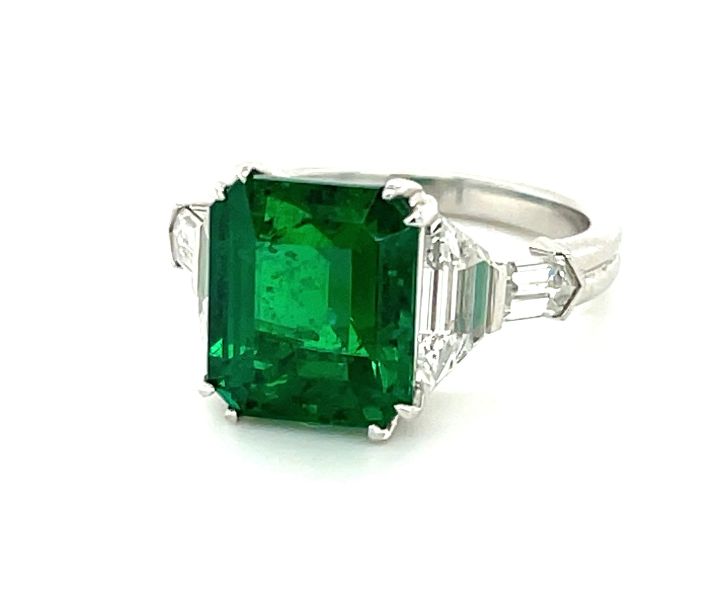 3.82ct GIA Zambian F2 Emerald .90ct Trapezoid Diamonds .30ct Bullet Diamonds Platinum Ring 6.7g 5.75 Size